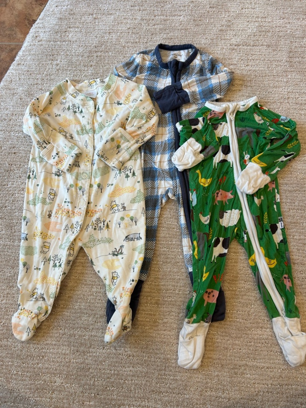 Little Sleepies Hannah Anderson Footed One-Pieces in Green, Cream, Blue